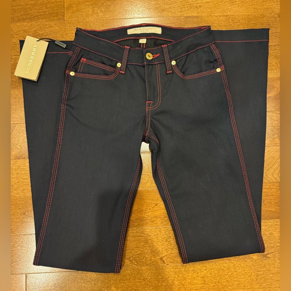 NWT Burberry Brit Flare High Rise Jeans, Dark Blue with Red Stitching, size 26